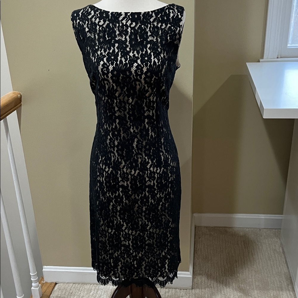 Ann Taylor Black Lace Overlay Sleeveless Sheath Dress Size 14P EUC